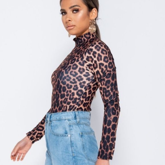 Tops | Leopard Print Animal Print Long Sleeve High Neck Bodycon ...